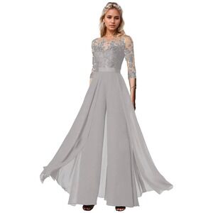 Elegant‎ Gray Lace Top 3/4 Sleeve Jumpsuit Wide Leg Gown Skirt Overlay